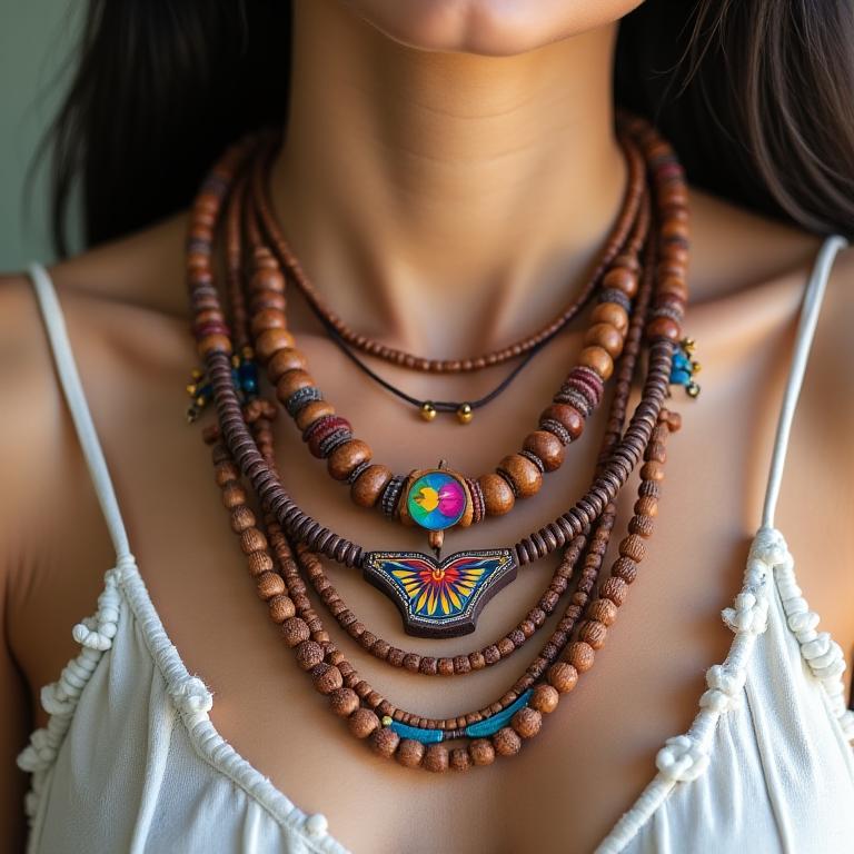Layered wooden necklaces with Filipino motifs